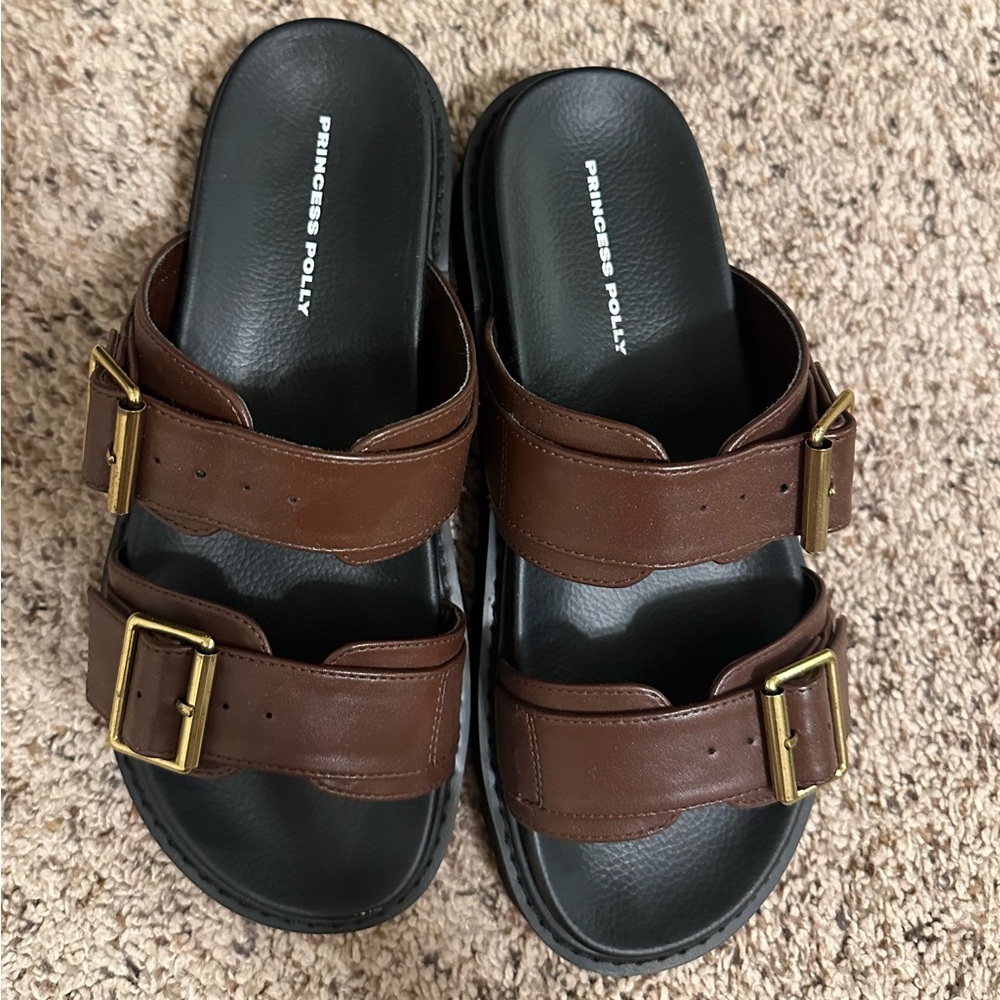 Princess Polly Brown Sandals with Gold Buckles